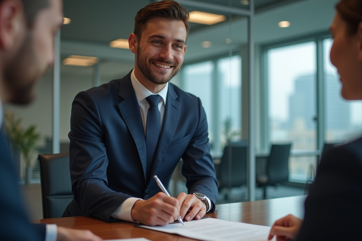Jeune avocat en costume aidant un client à signer un contrat
