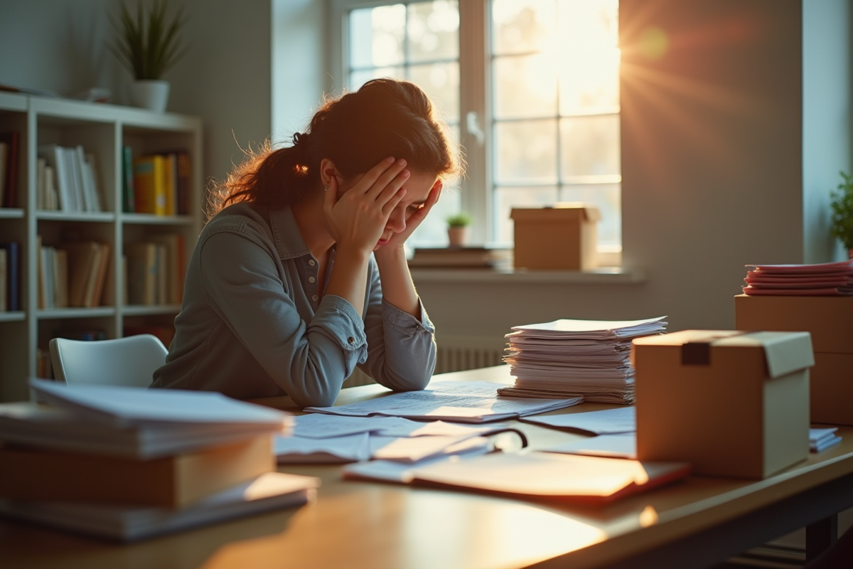 Bénévole associatif fatigué au bureau avec papiers et dons