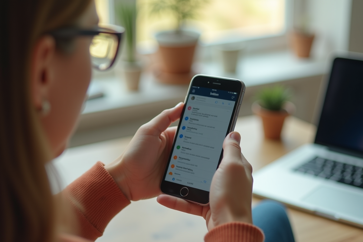 Boîte de réception vide sur un smartphone dans un espace de travail cosy
