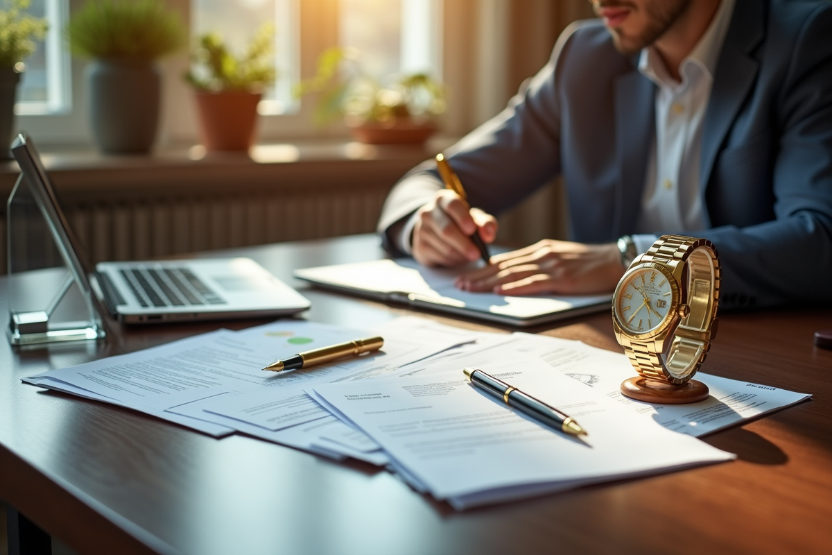 Bureau avec stylo luxe montre et documents financiers