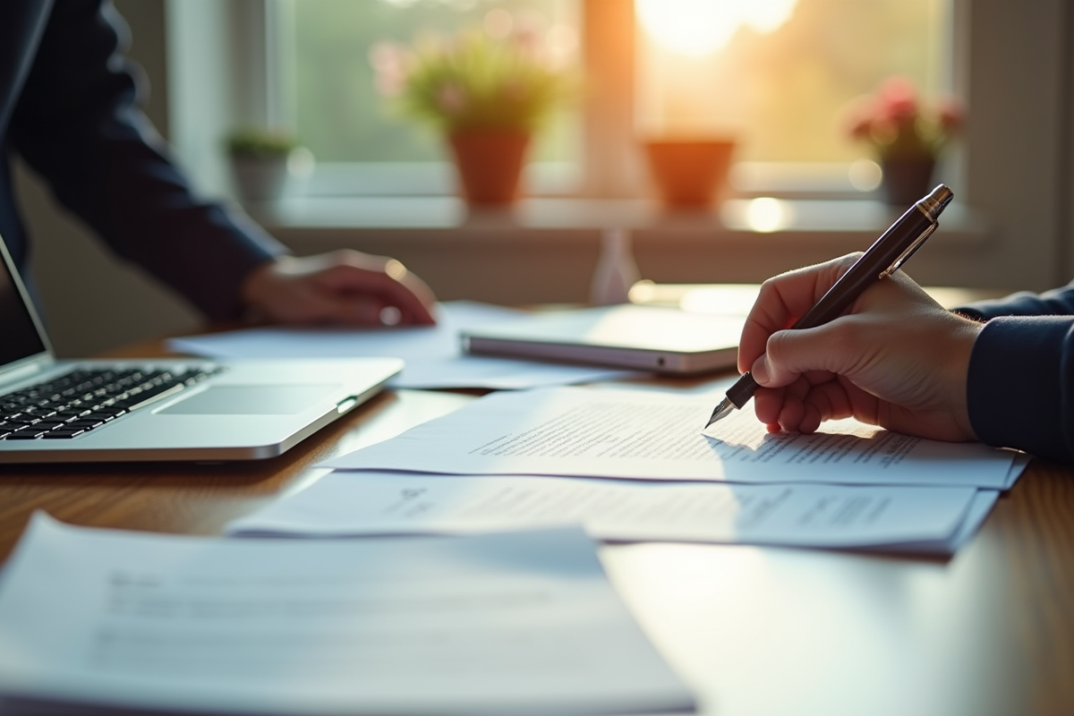 Bureau avec personne écrivant une lettre formelle sur papier de qualité