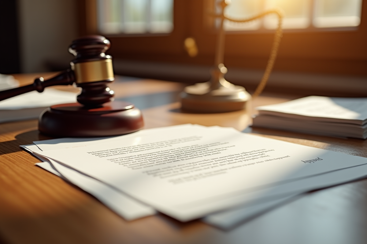 Bureau judiciaire avec papiers et marteau de juge en lumière chaleureuse