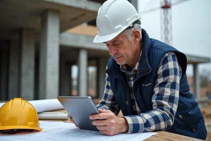 Chef de chantier utilisant une tablette numérique pour commander des matériaux BTP sur une plateforme en ligne, sur un chantier de construction
