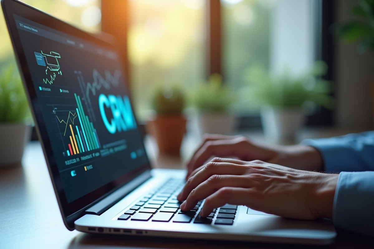 Mains tapant sur un clavier de laptop avec reflet CRM