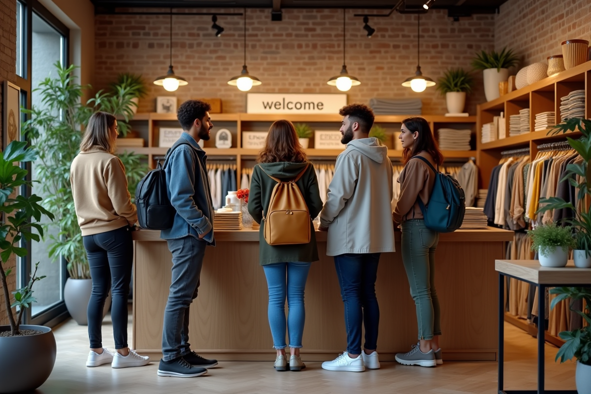 Groupe de clients divers discutant près du comptoir dans une boutique chaleureuse