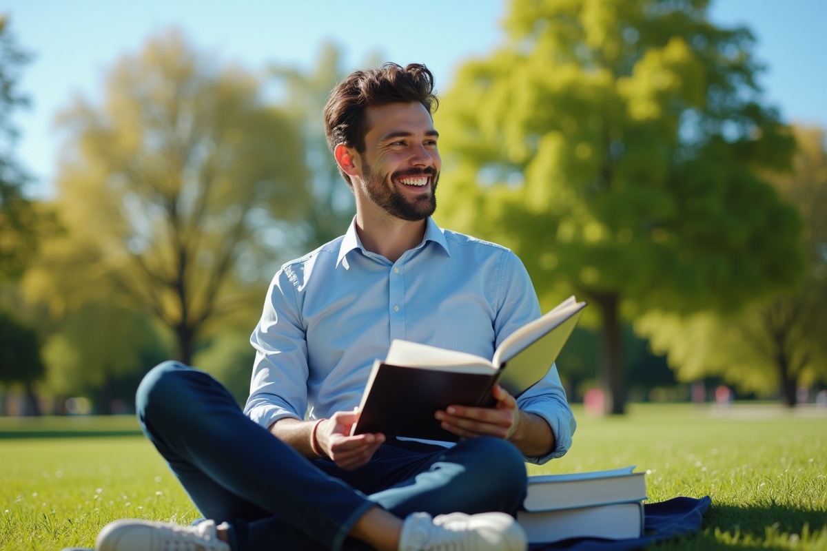 Comptable détendu dans un parc ensoleille avec livre et ordinateur