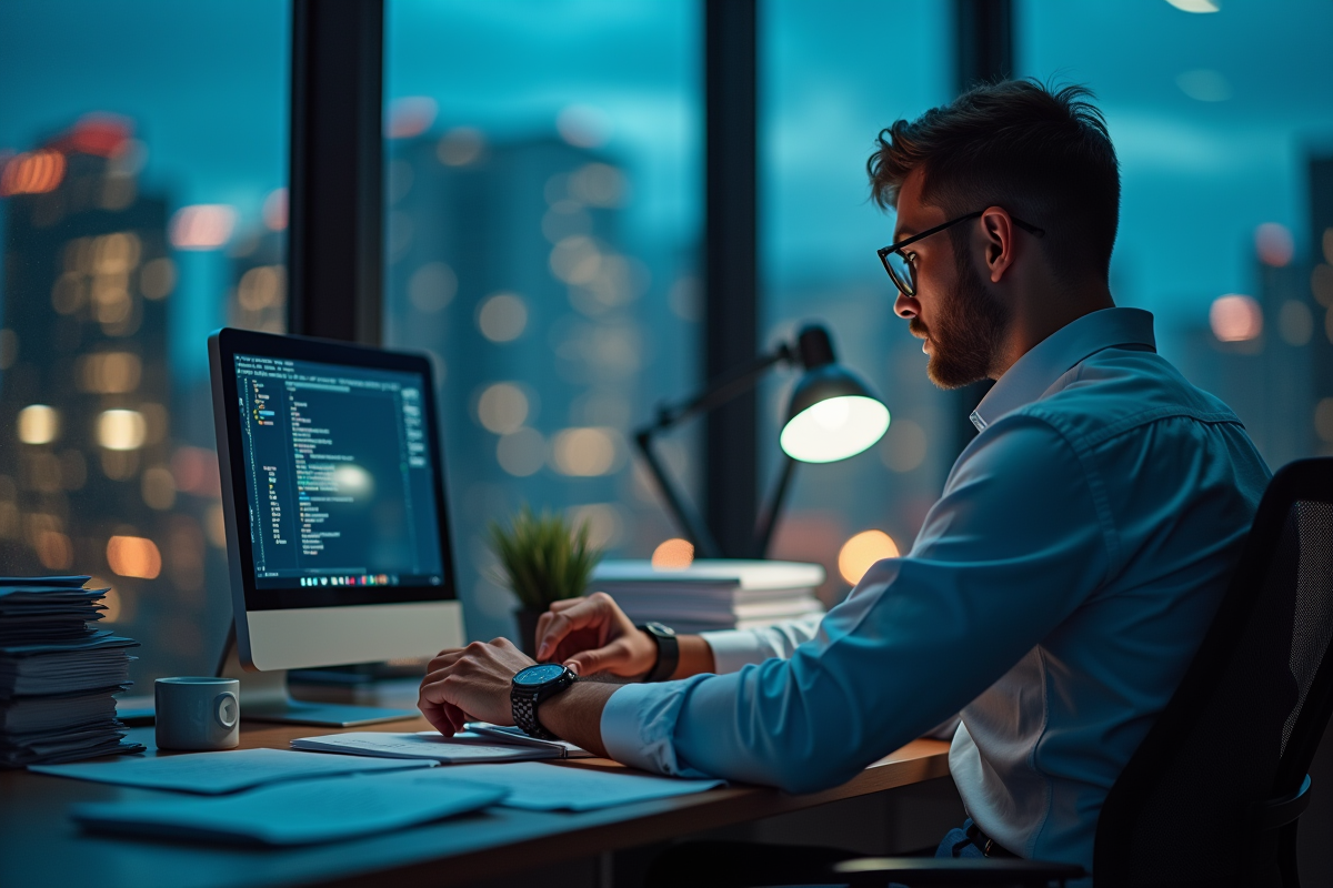 Comptable stressé dans un bureau moderne en fin de journée