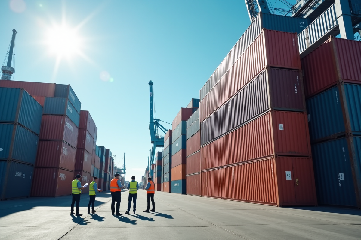 Conteneurs de fret empilés au port avec agents de douane inspectant