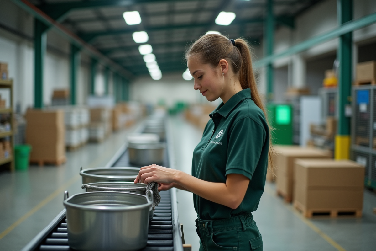Femme inspectant des contenants métalliques réutilisables en usine