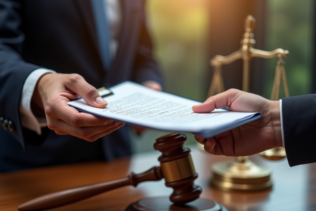 Mains échangeant un contrat avec une balance de justice en arrière-plan