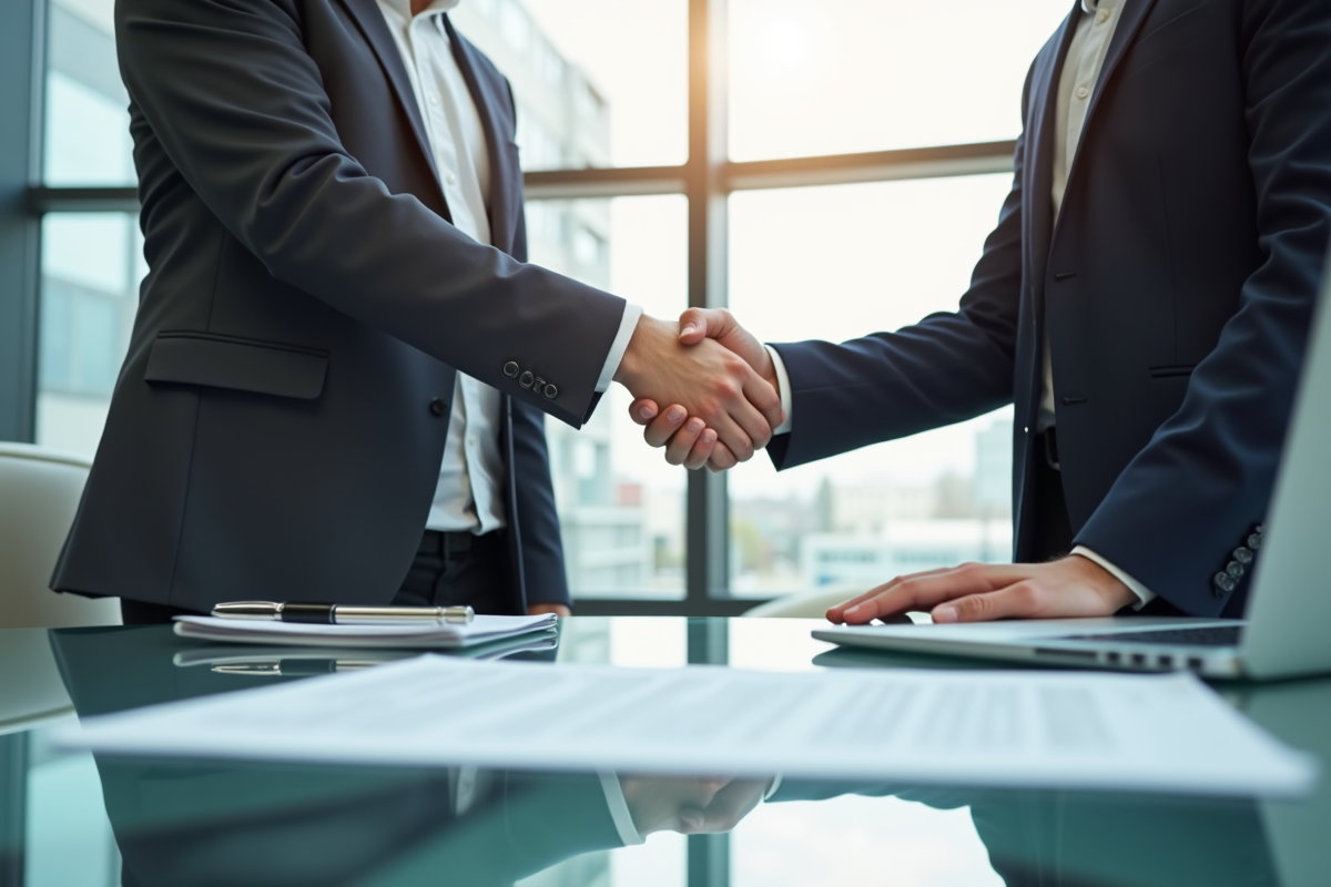 Deux professionnels serrant la main sur un bureau moderne avec documents