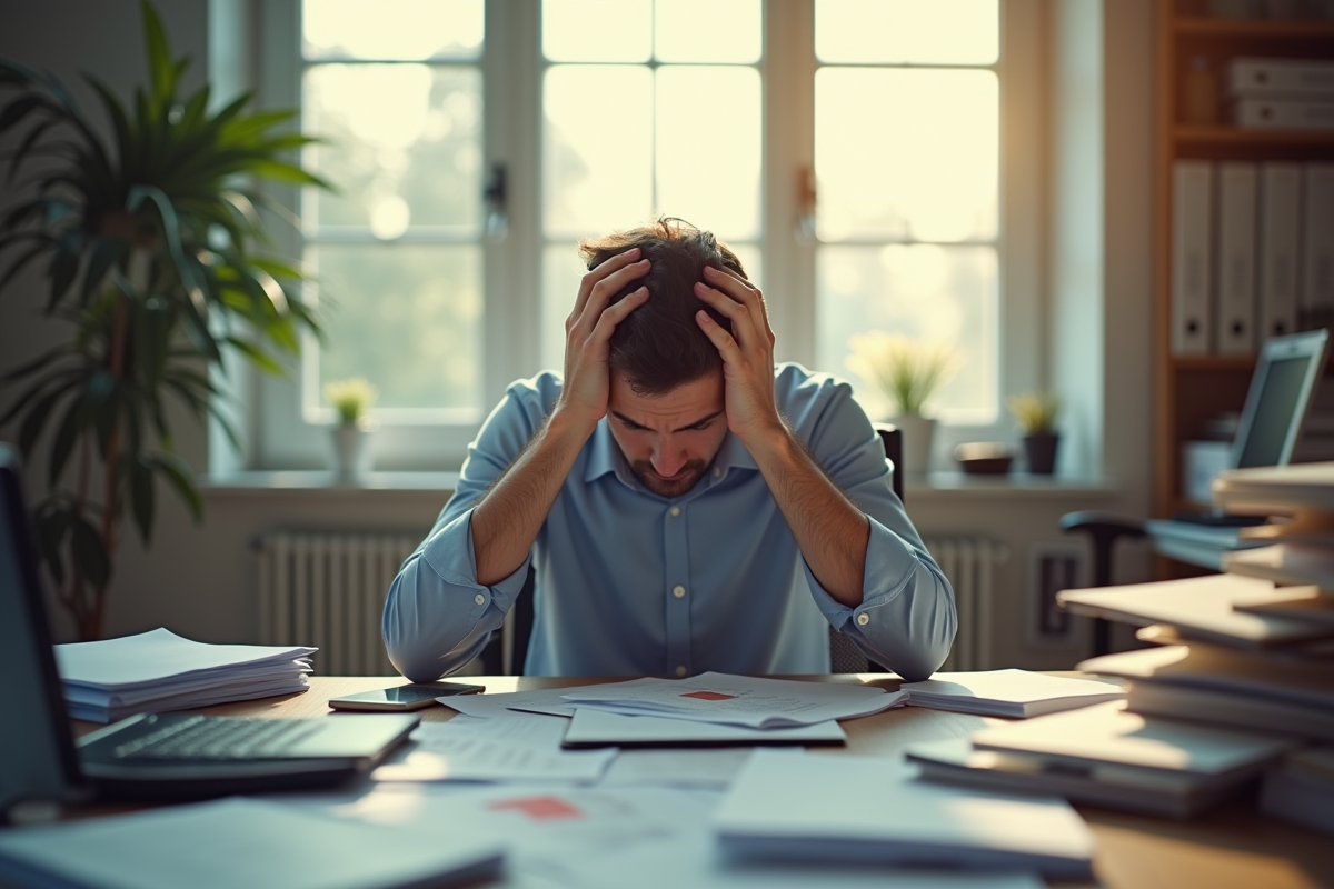 Entrepreneur stressé au bureau encombré de papiers
