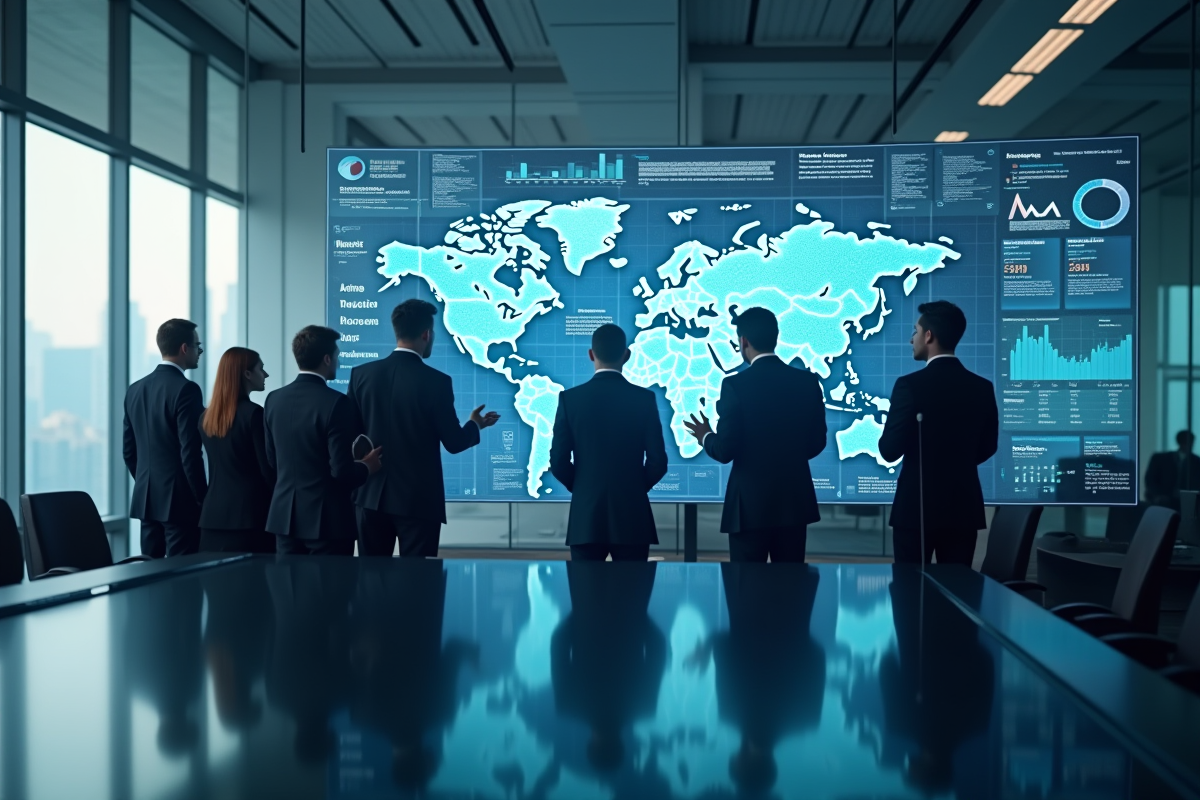 Groupe de professionnels collaborant autour d'écrans numériques