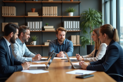 Groupe de professionnels en réunion dans un bureau moderne