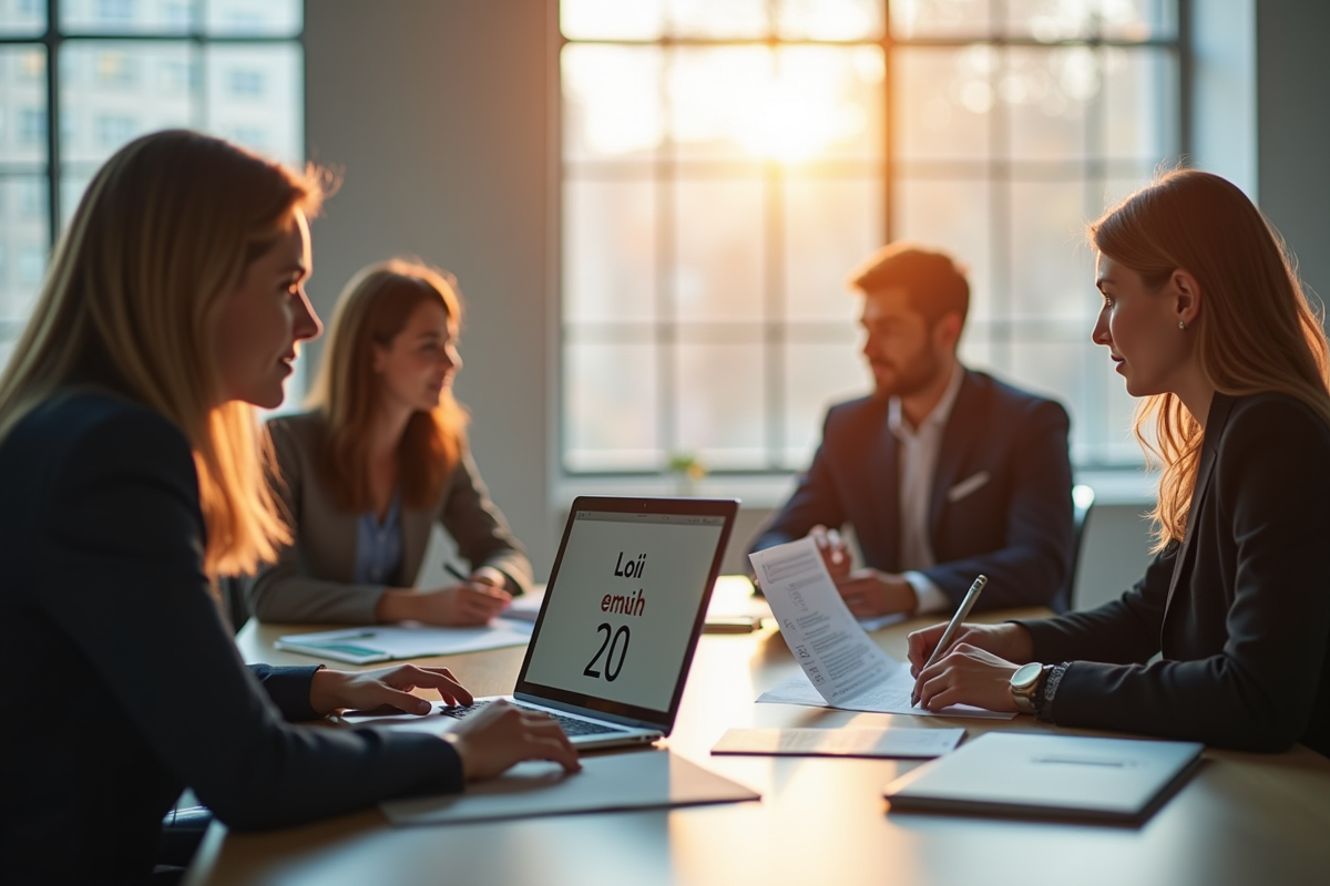 Groupe de professionnels discutant de la loi 20 au bureau