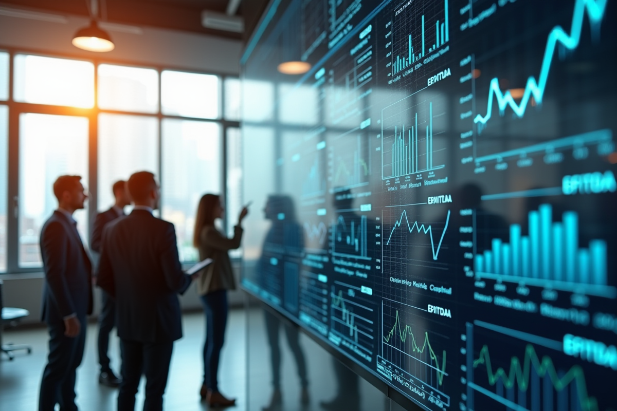 Équipe de professionnels analysant des chiffres financiers et EBITDA
