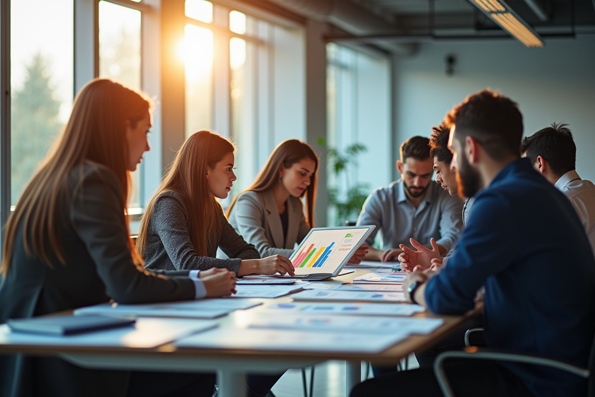 Groupe de professionnels marketing analysant des graphiques colorés