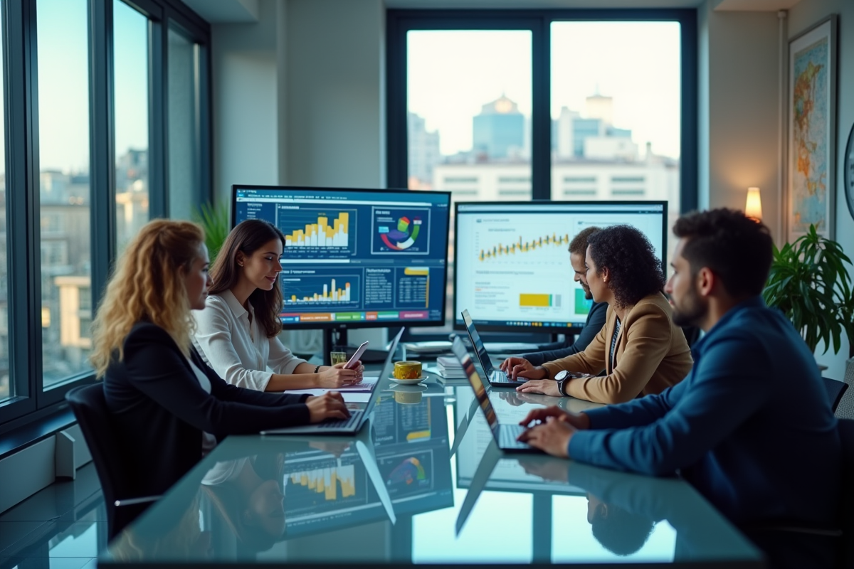 Groupe de professionnels marketing collaborant autour d'une table moderne