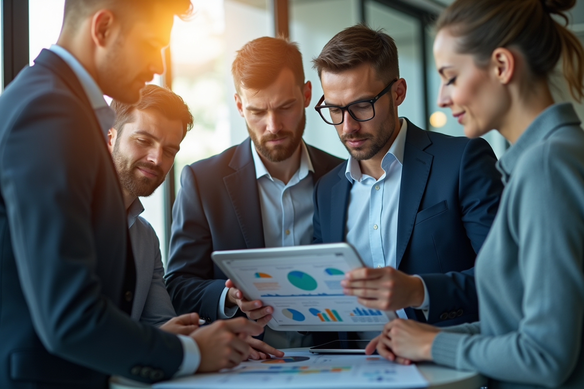 Professionnels analysant des graphiques marketing sur une tablette