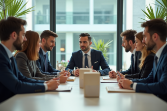 Professionnels d'affaires autour d'une table avec emballages durables