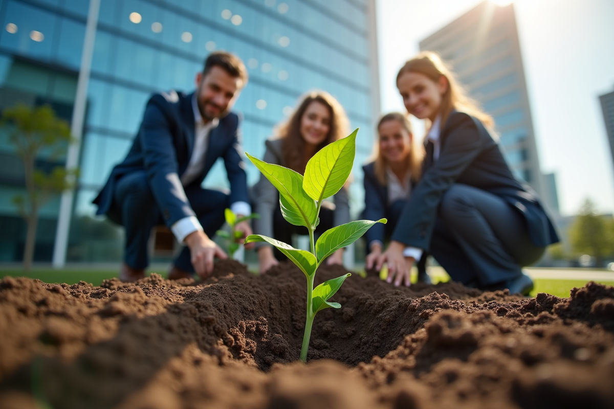 Groupe de professionnels plantant un arbre devant un bureau moderne