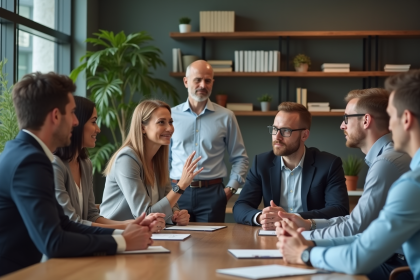Groupe de professionnels en r&eacute;union dans un bureau moderne