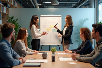Groupe de professionnels en réunion autour d'un tableau blanc