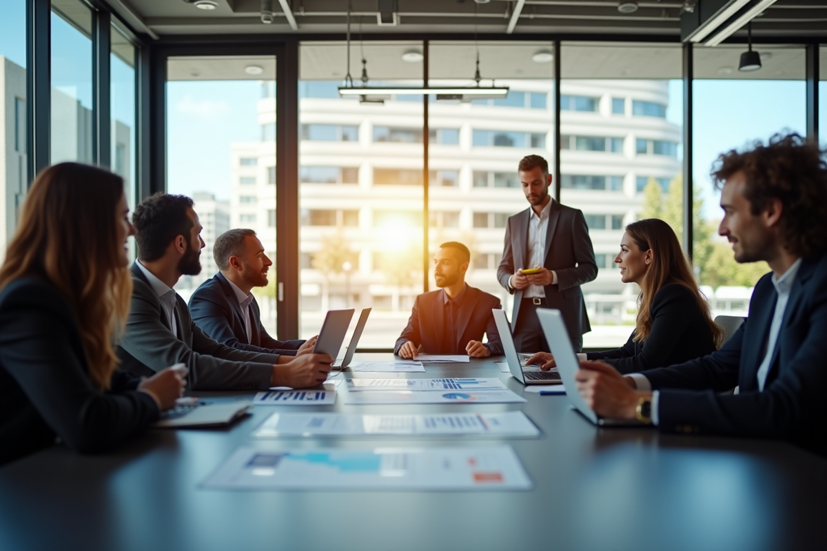 Groupe de professionnels en réunion stratégie marketing