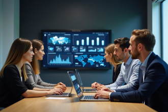 Groupe de professionnels discutant de tableaux de bord numériques
