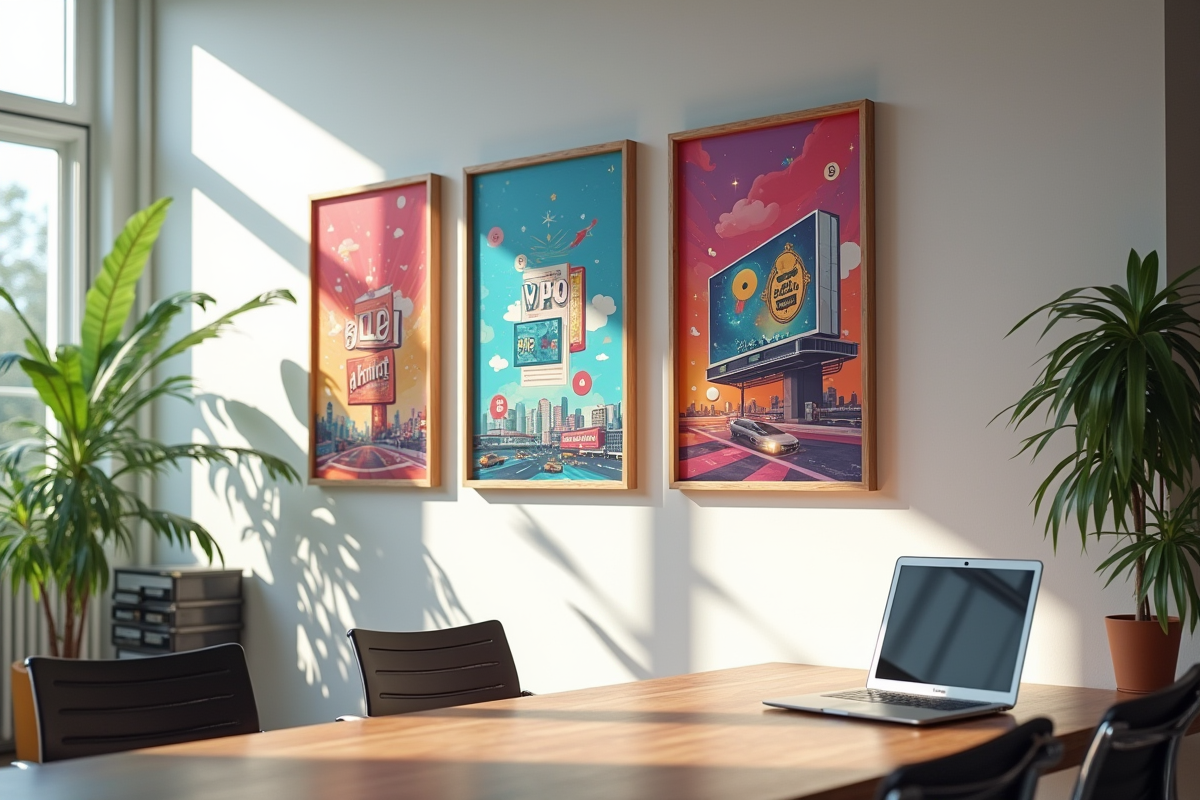 Espace de travail créatif avec affiches publicitaires colorées