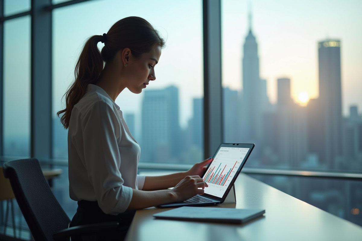 Femme d'affaires analysant des graphiques financiers sur une tablette