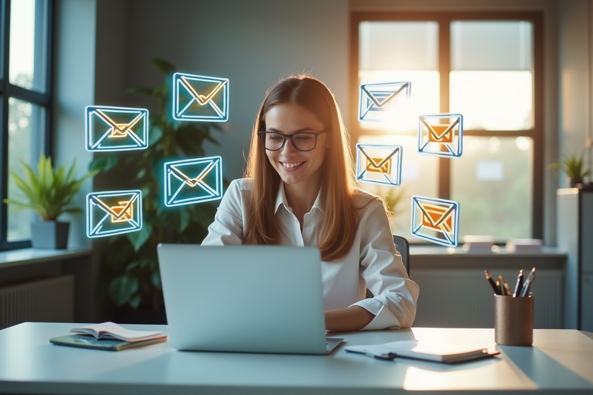 Femme d'affaires au bureau avec icônes email flottantes
