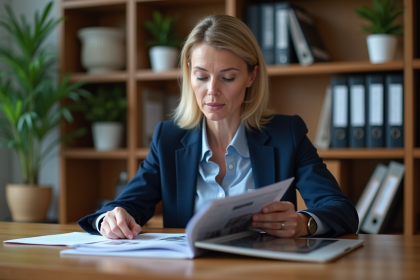 Femme d'affaires en costume bleu dans un bureau moderne
