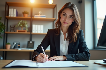 Femme d'affaires confiante signant un document officiel