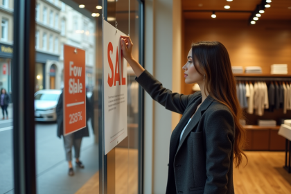 Femme en blazer affichant une promotion dans une boutique moderne