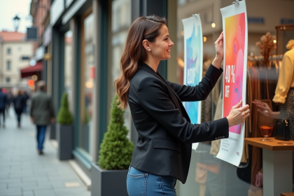 Femme arrangeant des affiches colorées sur la vitrine d'une boutique en ville