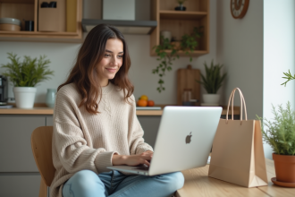 Femme en ligne shopping dans un appartement cosy