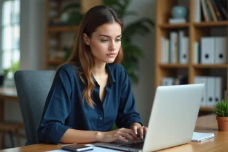 Jeune femme au bureau avec ordinateur et smartphone