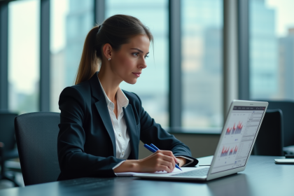 Femme professionnelle en bureau avec ordinateur et graphiques