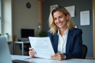 Femme d'affaires examine un certificat ISO 26000 dans un bureau moderne