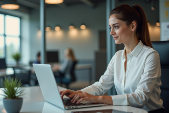 Femme concentrée devant un tableau de bord digital au bureau