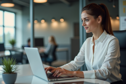 Femme concentr&eacute;e devant un tableau de bord digital au bureau