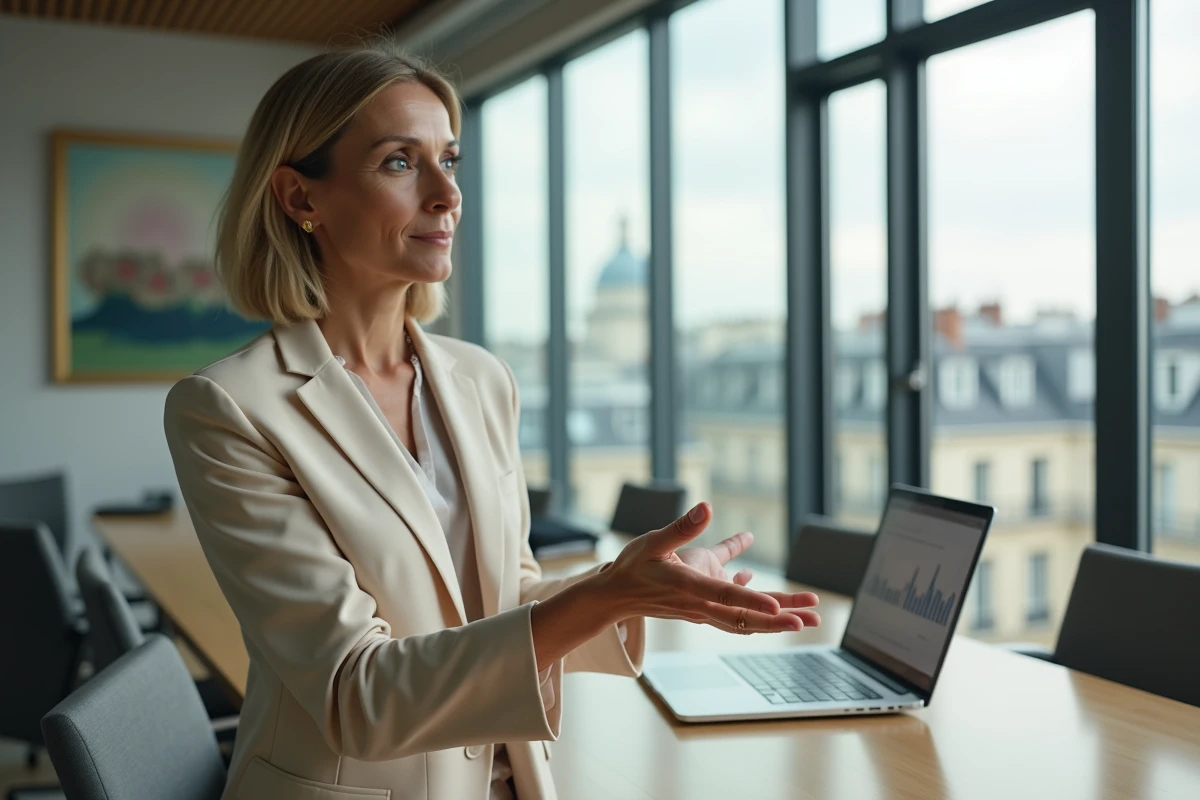 Femme en blazer crème devant une vue sur Paris