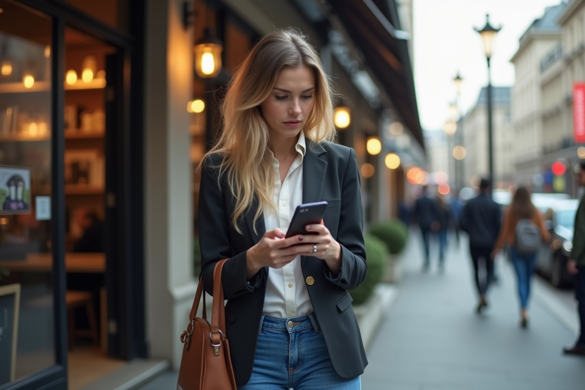Jeune femme entrepreneure vérifiant son smartphone dehors