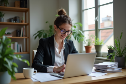 Jeune femme française souriante travaillant à domicile
