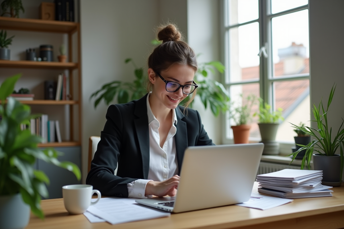 Jeune femme française souriante travaillant à domicile