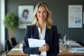 Femme juriste en bureau moderne avec documents légaux