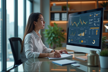 Femme professionnelle analysant des données marketing sur un grand écran