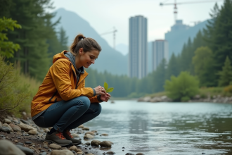 Femme méditant près d'une rivière avec ville en arrière-plan