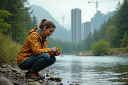 Femme m&eacute;ditant pr&egrave;s d'une rivi&egrave;re avec ville en arri&egrave;re-plan